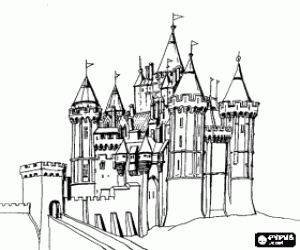 Great castle with its tower and bridge access coloring page