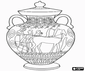 Greek amphora decorated with a chariot of two horses and geometric motifs - Large ceramic bowl coloring page