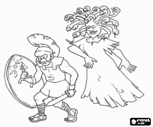Greek soldier with his helmet, sword and shield with Medusa, a Gorgon, behind his backs coloring page