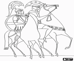 Greek soldiers on horses, knights with their helmets and their cloaks coloring page