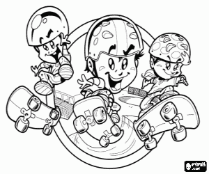 Group of children or skaters practicing with the skateboards or skates coloring page