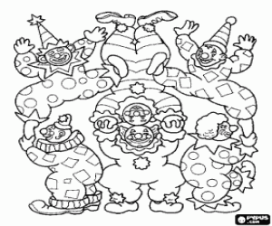 Group of clowns doing acrobatics coloring page