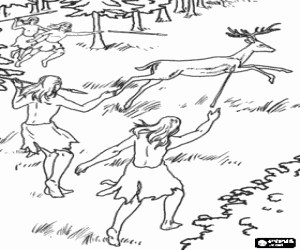 Group of Cro-Magnon hunters chasing a deer with spears coloring page