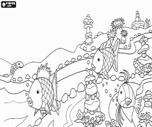 Group of fishes swimming between the chorales coloring page