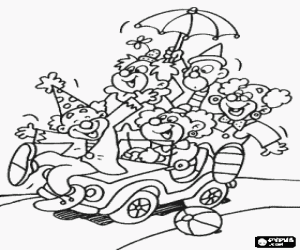 Group of five clowns on a small car in a performance at the circus coloring page