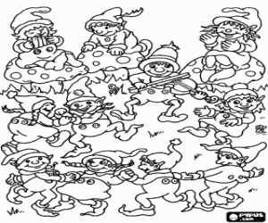 Group of gnomes or dwarfs celebrating a party, playing music and dancing coloring page
