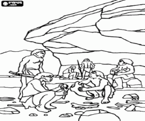 Group of men of Neanderthal under the protection of a rock shelter, the individuals realising different activities: chartting stones, others preparing the hunting and a woman nursing coloring page