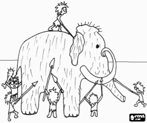 Group of prehistoric men armed with spears in the hunting of a mammoth coloring page
