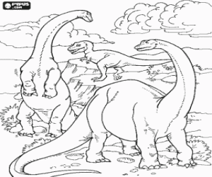 Group of three dinosaurs in the landscape coloring page