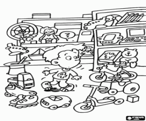 Happy child in a store full of toys from a dartboard to a child computer coloring page
