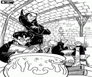 Harry Potter and his friends in the class from Lord Voldemort at Hogwarts coloring page