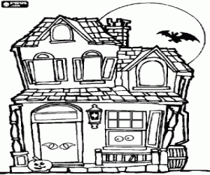 Haunted house at Halloween - Full moon, bat and pumpkin with face coloring page