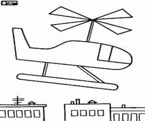 Helicopter flying over the city coloring page