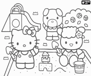 Hello Kitty and her friends Fifi and puppy Jody playing in the park coloring page