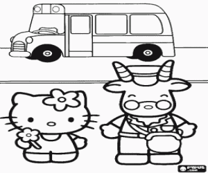 Hello Kitty and the school bus driver standing in front of the vehicle coloring page