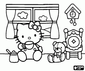 Hello Kitty drinking with a cup in front of the window with her teddy bear Tiny Chum coloring page