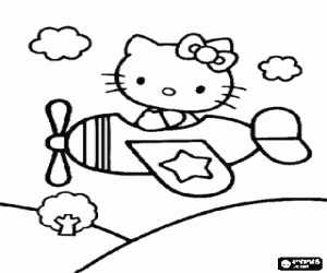 Hello Kitty flying in a small airplane coloring page