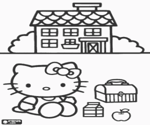 Hello Kitty in front of his home with his snack coloring page
