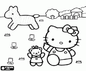 Hello Kitty in the field with a horse and a farm in the background  coloring page