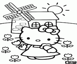 Hello Kitty picks poppies while strolling past a windmill in the field coloring page