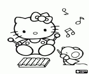 Hello Kitty playing the xylophone at the direction of his best friend, the mouse Joey coloring page