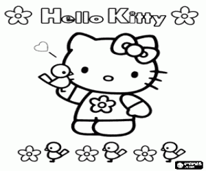 Hello Kitty with flowers and birds coloring page