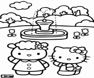Hello Kitty with her friend Fifi front of a beautiful fountain in the park coloring page