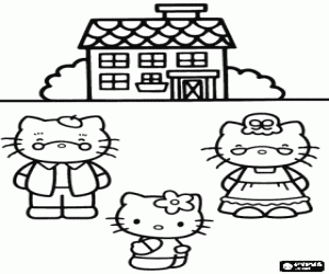 Hello Kitty with her grandparents in front of their house coloring page