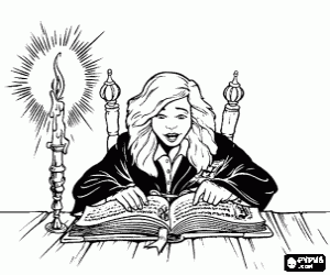 Hermione Granger, friend of Harry, reading a book at school by candlelight coloring page