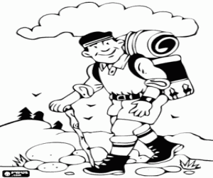 Hiker in his journey with the backpack and a walking stick, practicing hiking coloring page