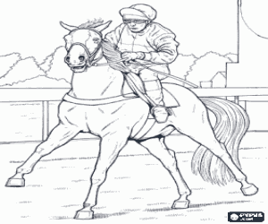 Horse and jockey on a horse race at the racetrack coloring page