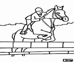 Horse and rider passing an obstacle in a jumping contest coloring page
