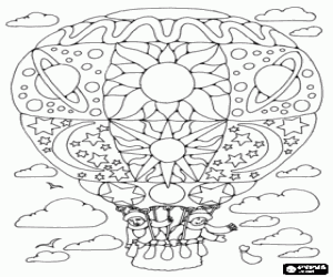 Hot air balloon decorated flying with two passengers  coloring page