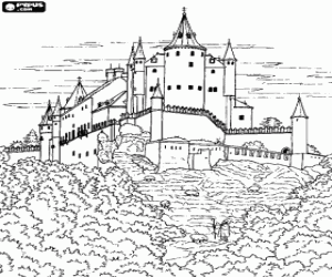 Huge castle surrounded by woods and a shepherd with his sheeps near the walls coloring page