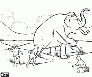 Hunters rounding up a large mammoth with spears to hunt coloring page