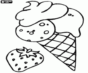 Ice cream cone with three flavors and a strawberry coloring page