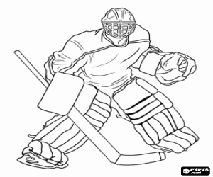 Ice-hockey goaltender, netminder or goalie with stick, helmet and all the protections during a pre-game warmup  coloring page