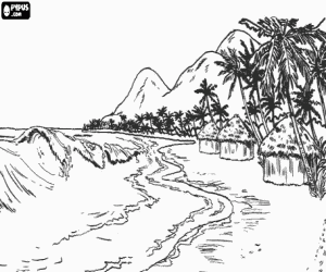 Image of tropical coast with cottages, palm trees and strong waves coloring page