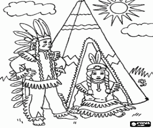 Indian American couple in front of their tent in the village coloring page