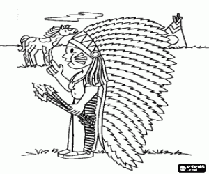 Indian boy with arrows, horse and tent on the plain coloring page
