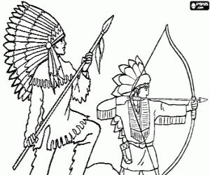 Indian chief with a spear looking like another Indian shot an arrow with the bow coloring page