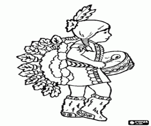 Indian girl drumming and dancing during a ceremony coloring page