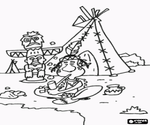 Indian smoking the peace pipe in front of his tent or tipi and the totem of his village coloring page