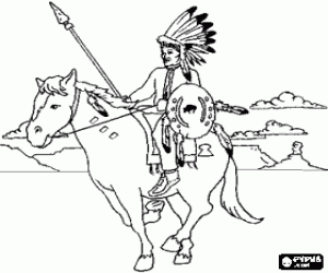 Indian warrior riding across the plain with the mountains behind with his feathers, shield and spear coloring page