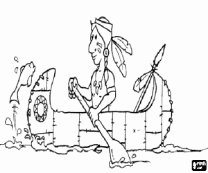 Indian warrior with his face painted and feathers on the head rowing in his canoe  coloring page