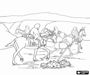 Indian women with horses during the journey to find a new camp coloring page