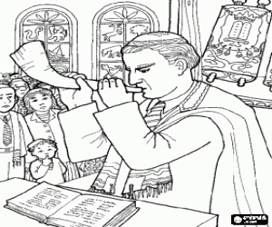 Interior of a synagogue during a religious celebration with the rabbi in the foreground coloring page