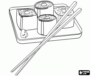 Japanese food with chopsticks, it is known as maki because is sushi rolled with seaweed coloring page