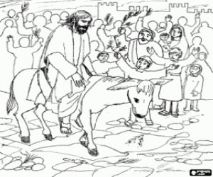 Jesus of Nazareth on the back of a donkey and greeted by a crowd at the entrance to Jerusalem coloring page