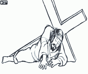Jesus on the floor after a fall while carrying the cross coloring page